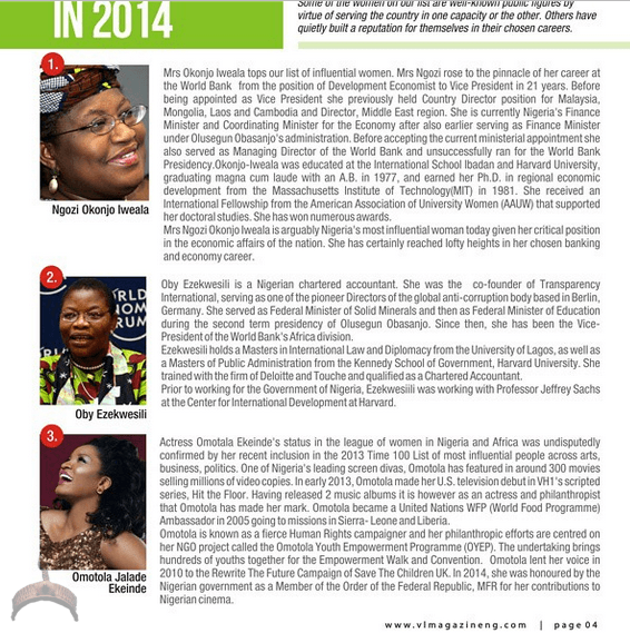 412 See list of Ten Most Inflential Women in Nigeria 2014 VL magazine