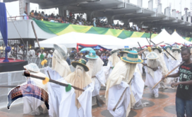 Some Eyo displaying during its Festival as part of activities marking the Lagos @50 celebrations at the Tafawa Balewa Square (TBS), Lagos Island, on Saturday, May 20, 2017