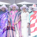 Lagos State Governor, Mr. Akinwunmi Ambode (3rd left); Elegushi of Ikateland, Oba Saheed Elegushi, Kusenla III (middle); wife of the Governor, Mrs. Bolanle Ambode (3rd right); APC National Leader, Asiwaju Bola Tinubu (2nd right); Speaker, Lagos State House of Assembly, Rt. Hon. Mudashiru Obasa (right); wife of Oba Elegushi, Olori Aramide during the Eyo Festival as part of activities marking the Lagos @50 celebrations at the Tafawa Balewa Square (TBS), Lagos Island, on Saturday, May 20, 2017