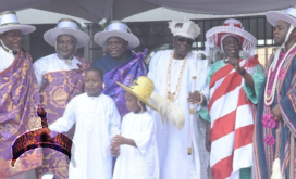 Lagos State Governor, Mr. Akinwunmi Ambode (3rd left); Speaker, Lagos State House of Assembly, Rt. Hon. Mudashiru Obasa (2nd left); Co-Chairman, Lagos @50 Committee, Mr. Hakeem Fasinro (left);Oba of Lagos, Oba Rilwan Akiolu I (3rd right); APC National Leader, Asiwaju Bola Tinubu (2nd right) and Elegushi of Ikateland, Oba Saheed Elegushi, Kusenla III (right) during the Eyo Festival as part of activities marking the Lagos @50 celebrations at the Tafawa Balewa Square (TBS), Lagos Island, on Saturday, May 20, 2017