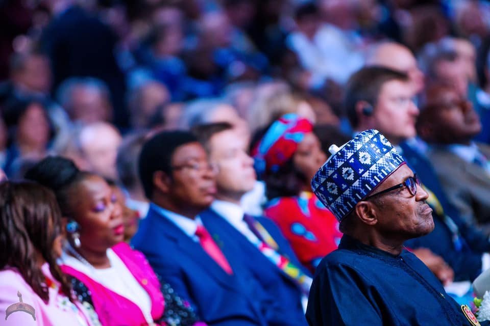 President Buhari sitting alongside other world leaders at the Russia-Africa Economic forum in Sochi