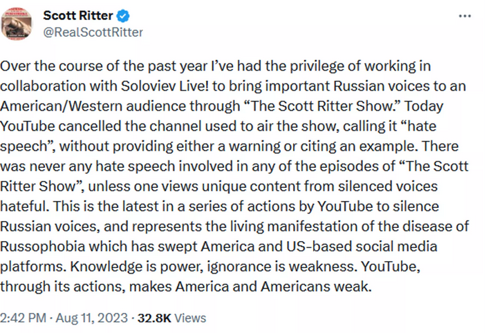 Screenshot of Scott Ritter's reaction to the deletion of his YouTube channel.