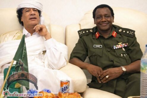 Muammar Gaddafi visiting Sani Abacha in Kano, Nigeria, in May 1997. Muammar Gaddafi visiting Sani Abacha in Kano, Nigeria, in May 1997.